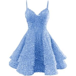 Light Blue Sequin Formal Dress Tiered Ruffle Lace Up Back Cocktail Mini Dress